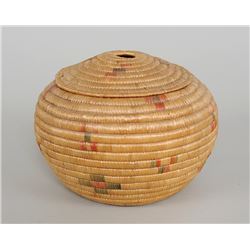 Inuit Lidded Coiled Basket 9" D. 6" H.  Good Condition