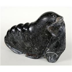 Inuit Soapstone Carving of a Walrus Signed with Letters "S-621, with Label "Canada Eskimo Art 13" L.