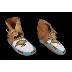 Pair of Blackfoot Beaded Winter Moccasins with Geometric Design 10" L.  Good Condition