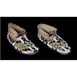 Pair of Arapaho Beaded Teen's Moccasins with Geometric Design ca. 1900  8 3/4" L.  Good Condition wi