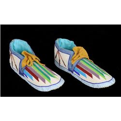 Pair of Cree Beaded Moccasins with Geometric Design From Northern Saskatchewan 10" L.  Fine Conditio