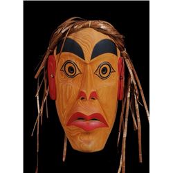 Northwest Coast Alder Mask with Cedar Bark Trim Carved by Van Joseph 13 1/4" H. 8" W.  Good Conditio