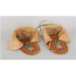 Pair of Dene Beaded Moose Hide Moccasins with Floral Design 11" L.  Fine Condition