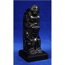 Haida Argillite Totem Carved with a Human on Top of a Bear Signed Greg Lightbrown 7" H. 3"  W.  Good