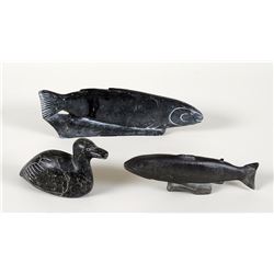 Three Inuit Soapstone Carvings; Bird Inscribed "1752, Simeonie Nuavik" 6 1/2 L. 4" H., Fish Inscribe