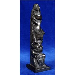 Claude Davidson Argillite Totem Carved with Eagle Holding a Salmon, Raven and Beaver Signed Claude D