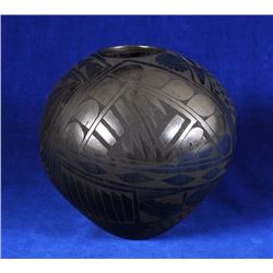 Mata Ortiz Blackware Pottery Bowl Signed Illegibly 7" D. 7" H.  Good Condition