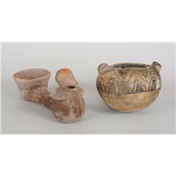 Anasazi Pottery Jar 5 1/2" D. 4 1/2" H. with Repair and a Ceramic Water Whistle Made in Mexico 8 3/4