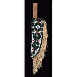 Plains Beaded Knife Sheath with Geometric Cheyenne Design 11 1/4" L. 3 3/4" W. Good Condition and Kn