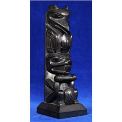 Bill Stevens Argillite Totem Carved with Raven and Beaver Signed "Bill Stevens Skidegate, B.C. 1972"