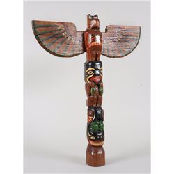 Northwest Coast Totem Carved with Thunderbird, Bear Holding Two Fish and Killer Whale with Two Frogs
