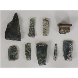 Northwest Coast Hardstone Labret 1"x 1 1/2" and Eight Stone Adze and Scrapers 1 1/2" L. - 3" L.