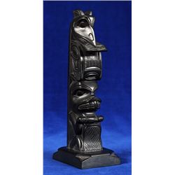 Rufus Moody Argillite Totem Carved with Raven and Beaver Signed "Rufus Moody Skidegate Mission, B.C.
