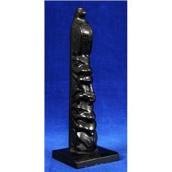 Ed Caulder Argillite Totem with Eagle, Bear and Wasco 7 1/2" H. 2" W. Base  Good Condition