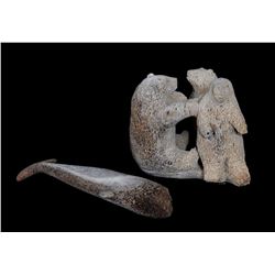 Inuit Whalebone Carving of Three Bears 6"x 6" x 5 3/4" Good Condition and a Whalebone Carving of a W