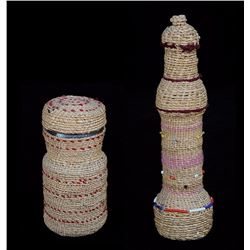 Two Aleut Basketry Covered Bottle with Beads and Wool Decoration Made by Philis Restopsoff - Akhiok,