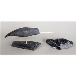 Inuit Seal Carving Inscribed "Thomasie Audlualuk" 7036 - Nunavik 10 1/2" L. 5" W. and Narwhal by Noa
