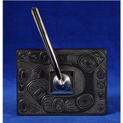 Claude Davidson Argillite Pen Holder Signed "Claude Davidson Haida B.C. 1974" 4 3/4"x 5" 4 1/4" H.  
