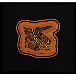 Northwest Coast Painted Crane Design On  Wood Panel Mounted on a Black Burlap Background 16"x 16 1/2