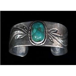 Navajo Silver and Blue Gem Stone Turquoise Bracelet with Stamped Design and Twisted Wire ca. 1930's 