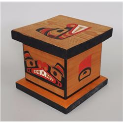 Kwakiutl Bent Wood Box Carved by Chris Webber - Kingcome Inlet, B.C. 11" Sq. 13" H.  Good Condition