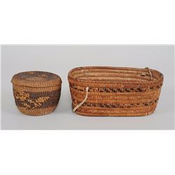 Salish Oval Shaped Basket 8" L. 4 3/4" W. and a Tsiimshian Lidded Basket 4" D. 3" H.  Both in Good C