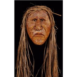 Carved Wall Mask with Cedar Bark Hair 13" H. 9" W.  Good Condition