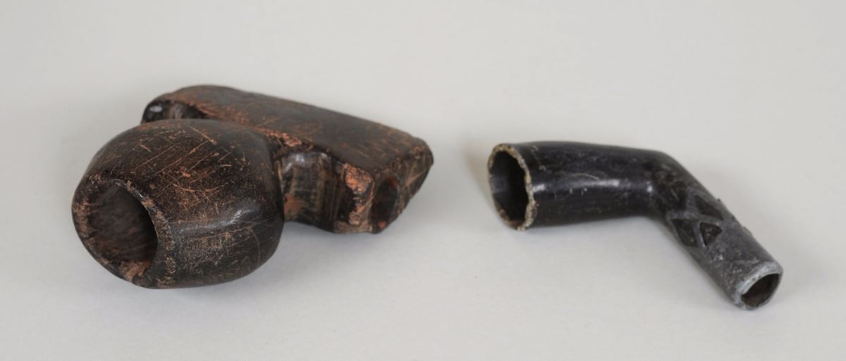 Stone Pipe with Incised Design 3 1/4"x 4" and a Soapstone and Pewter