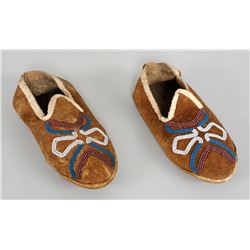 Pair of Beaded Moose Hide Moccasins, Hand Sewn 9" L.  Good Condition