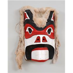 Bear Mask with Rabbit Fur Carved by Lilly Purcell 13 1/2" H. 9" W.  Good Condition with Check