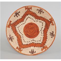 Apache Style Coiled Polychrome Basket with Human Figures 15" D. 2 1/2" H.  Good Condition
