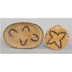 Two Papago Basketry Trays; Oval Shaped 12" L. 8 1/2" W. and Round 7 1/2" W.  Both in Good Condition
