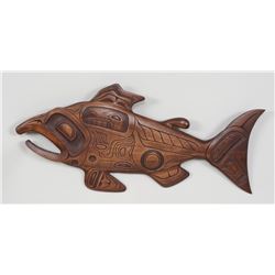 Dog Salmon Panel Carved by De Rousie - Mayne Island, B.C. 28" L. 12 1/2" H.  Good Condition