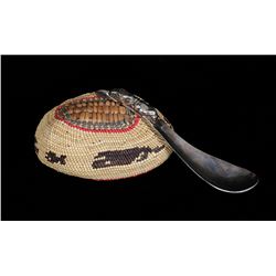 Nuu-chah-nulth Basketry Covered Shell with Whale, Canoe and Bird Design 4 1/2" L. and a Cast Pewter 