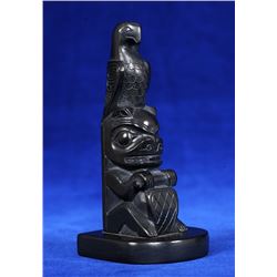Haida Argillite Totem Carved with an Eagle and a Beaver by A Davis 1980  4 1/4" H. 2" W.  Good Condi