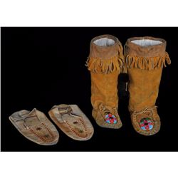 Two Pairs of Beaded Moccasins; High Top 10" L. and a Pair 11" L.  Good Condition