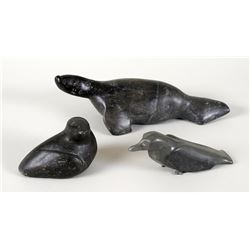 Three Inuit Soapstone Carvings; Seal by Parnee Peter - Cape Dorset 14 1/2" L., Bird 8" L. and Bird 1