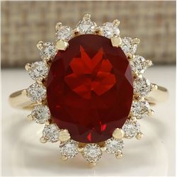 4.89CTW Natural Fire Opal And Diamond Ring 14K Solid Yellow Gold