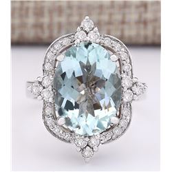 8.92 CTW Natural Aquamarine And Diamond Ring In 14k White Gold