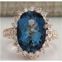 8.34CTW Natural London Blue Topaz And Diamond Ring In 14K Solid Rose Gold