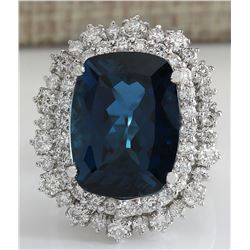 14.02Ct Natural London Blue Topaz And Diamond Ring In14K Solid White Gold