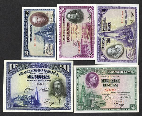 SPAIN LOT 5x 100 PTAS 1928 XF JUST ONE FOLD!