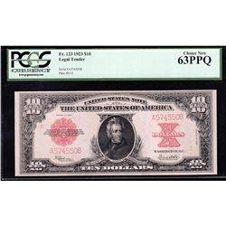 1923 $10 Legal Tender Red Seal 'Poker Chip' Note PCGS Choice Uncirculated 63PPQ