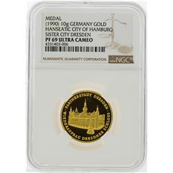 1990 10g Germany Gold Hamburg Sister City Dresden Medal NGC Graded PF69 Ultra Ca