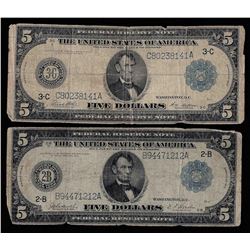 Set of (2) 1914 $5 Federal Reserve Notes Large Size