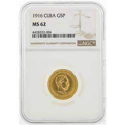 1916 Cuba 5 Pesos Gold Coin NGC MS62
