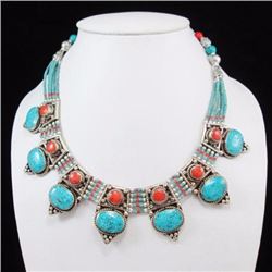 Tibet Hand Made Natural Turquoise & Coral Necklace