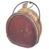Primitive wooden canteen, old oxblood red paint, iron handle, 11"H.