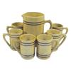 Blue-banded yelloware tankard set, 8" pitcher with 2" hairline & (6) 5" mugs, one w/hairline.