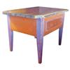 Table with removable top, angled corners, old red & blue paint, tapered legs, center drawer with ori
